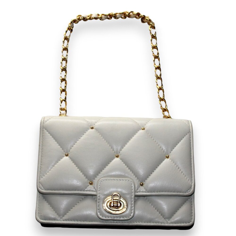 VINTAGE CREAM ITALIAN LEATHER PURSE W ADJUSTABLE GOLD CHAIN STRAP